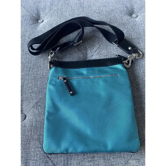 Square By Sondra Robert’s Bluegreen Nylon Black Leather Trim Crossbody Bag - Picture 3 of 6